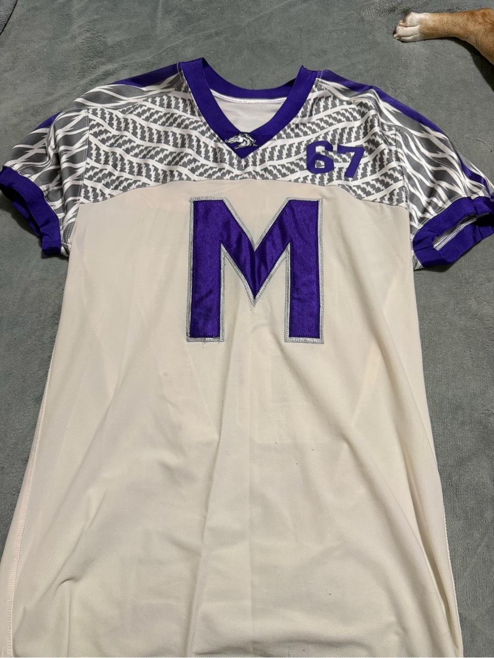 Cream and Purple Athletic Jersey Shirt with Bold 'M' Appliqué